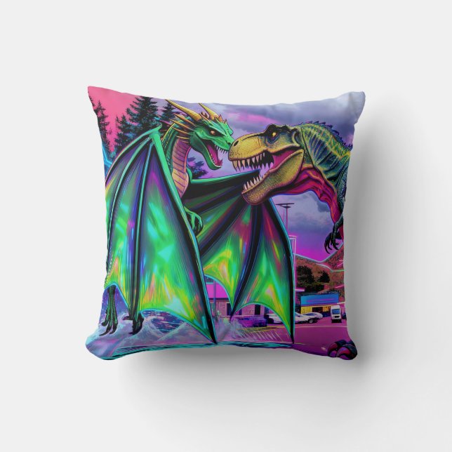 Green Dragon vs Dinosaur Throw Pillow (Front)