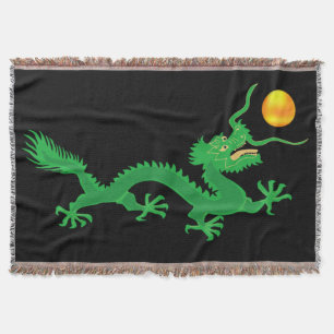Green Dragon with Golden Sun Ball on Black Throw Blanket