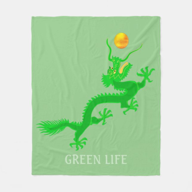 Green Dragon with Golden Sun Ball on Green Fleece Blanket (Front)
