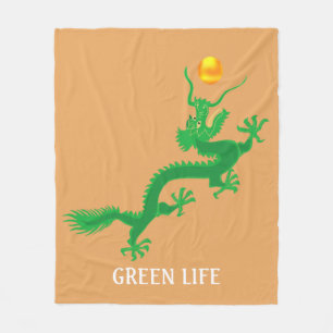Green Dragon with Golden Sun Ball on Light Orange Fleece Blanket
