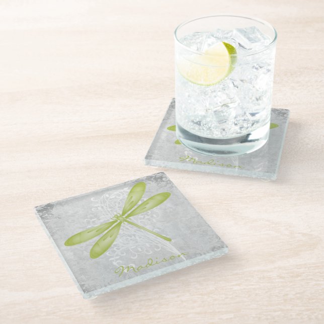 Green Dragonfly Personalized Glass Coaster (Angled)