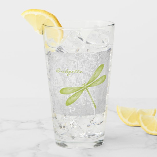 Green Dragonfly Personalized Glass Cup (Front Ice)