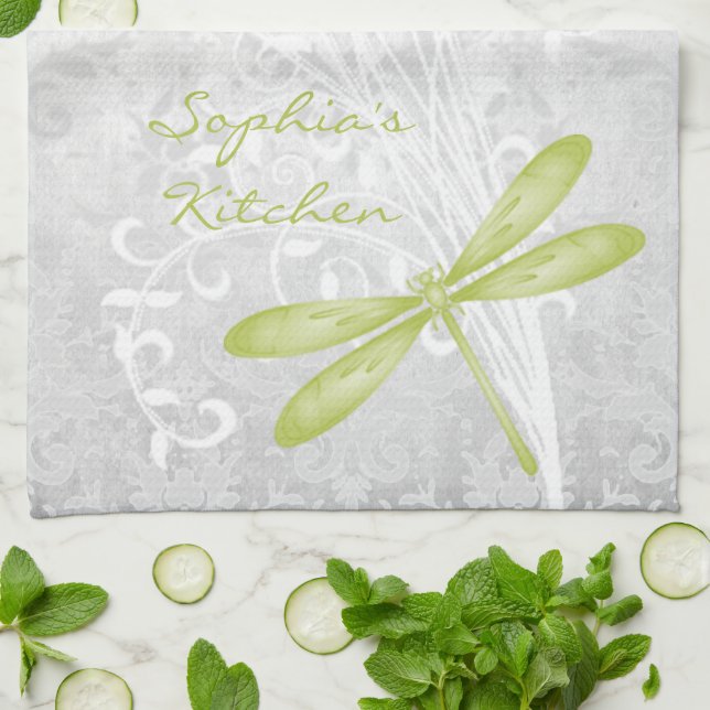 Green Dragonfly Personalized Kitchen Towel (Folded)