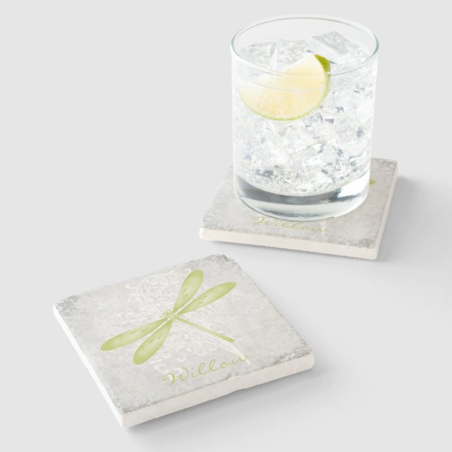Green Dragonfly Personalized Stone Coaster (Side)