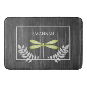 Green Dragonfly Rustic Personalized Bath Mat
