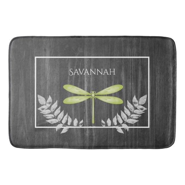 Green Dragonfly Rustic Personalized Bath Mat (Front)