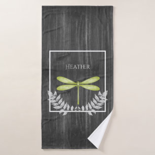 Green Dragonfly Rustic Personalized Bath Towel Set