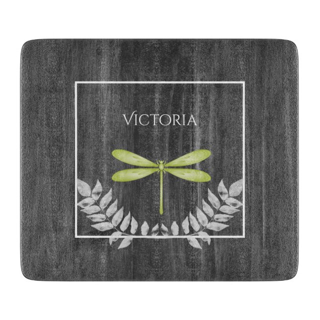 Green Dragonfly Rustic Personalized Cutting Board (Front)