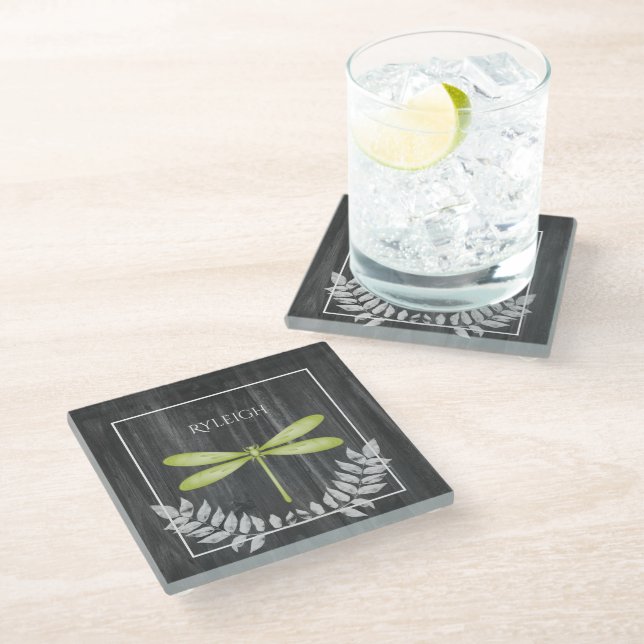 Green Dragonfly Rustic Personalized Glass Coaster (Angled)