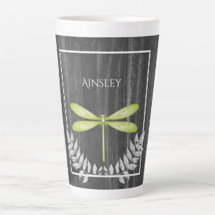 Green Dragonfly Rustic Personalized Latte Mug