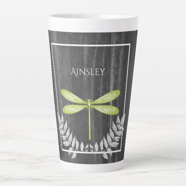 Green Dragonfly Rustic Personalized Latte Mug (Front)