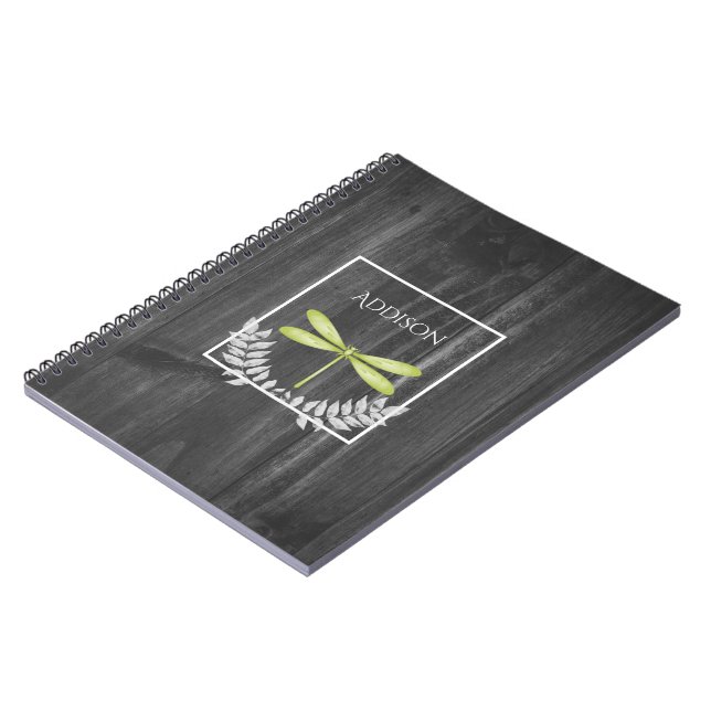 Green Dragonfly Rustic Personalized Notebook (Left Side)