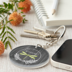 Green Dragonfly Rustic Personnalisé Porte - clé