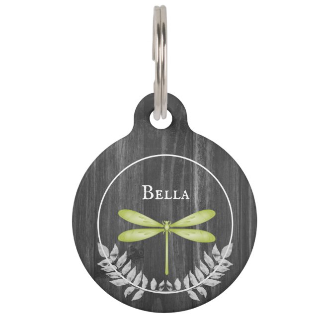 Green Dragonfly Rustic Round Pet Tag (Front)