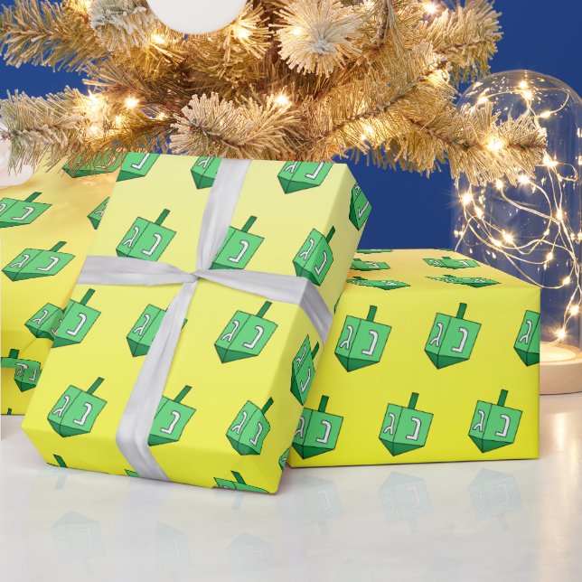 Green Dreidel on Yellow Hanukkah Wrapping Paper (Holidays)
