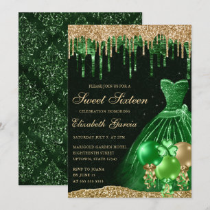 Green Dress and Gold Dripping Glitter Sweet 16 Invitation