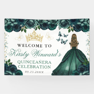 Green Dress Blonde Princess Floral Quinceanera Banner