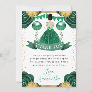 Green Dress Brunette Haired Princess Sweet 16 Thank You Card