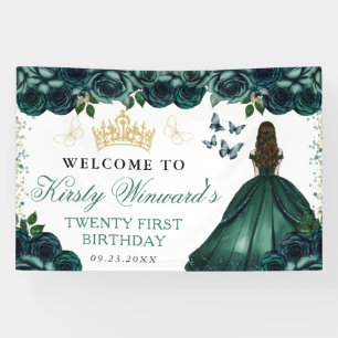 Green Dress Brunette Princess Floral Birthday Banner