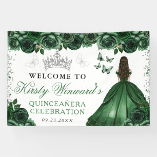 Green Dress Brunette Princess Floral Quinceanera Banner