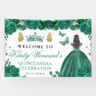 Green Dress Brunette Princess Floral Quinceanera Banner