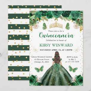 Green Dress Brunette Princess Quinceanera Invitation