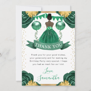 Green Dress Dark Skin Princess Birthday Thank You Card