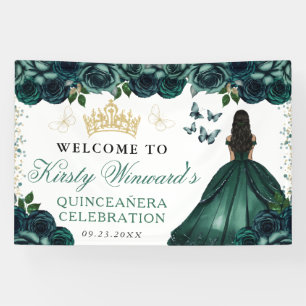 Green Dress Dark Skin Princess Floral Quinceanera Banner