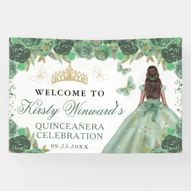Green Dress Dark Skin Princess Floral Quinceanera Banner (Horizontal)