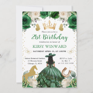 Green Dress Dark Skin Western Princess Birthday Invitation