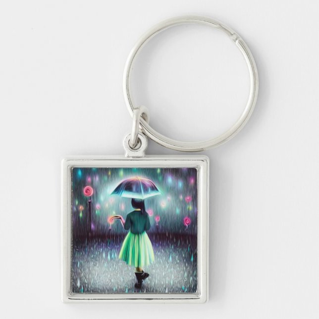 Green Dress Girl in the Rain Keychain (Front)