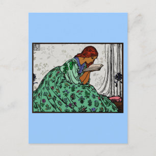 Green Dress Reading Woman Classic Illustration Postcard