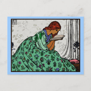 Green Dress Reading Woman Classic Illustration Postcard