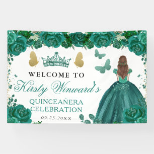 Green Dress Red Hair Princess Floral Quinceanera Banner