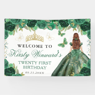 Green Dress Red Haired Princess Floral Birthday Banner