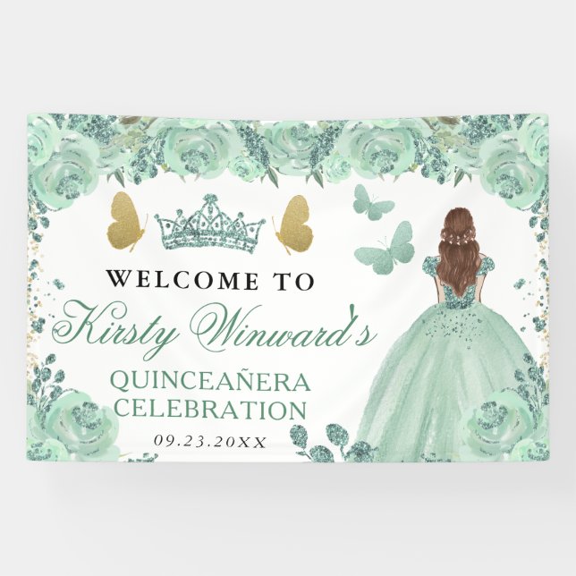 Green Dress Red Haired Princess Floral Quinceanera Banner (Horizontal)