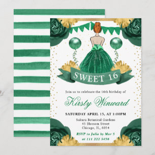 Green Dress Red Haired Princess Sweet 16 Invitation