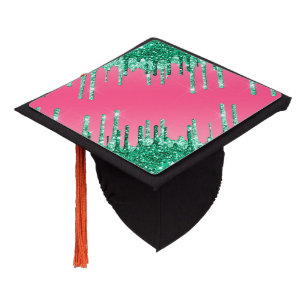 Green Dripping Glitters Chic Pink Watermelon Colou Graduation Cap Topper