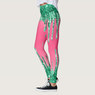 Green Dripping Glitters Chic Pink Watermelon Colou Leggings