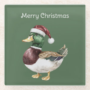 Green Duck Santa Hat Christmas Glass Coaster
