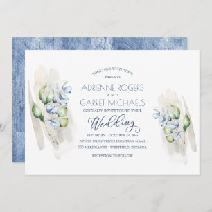 Green & Dusty Blue Eucalyptus Rustic Wood Wedding Invitation
