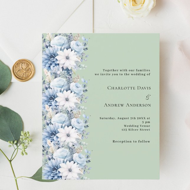Green dusty blue florals wedding invitation (Creator Uploaded)