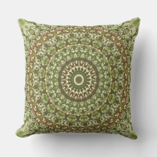Green Earthy Kaleidoscopic Medallion Pattern Throw Pillow