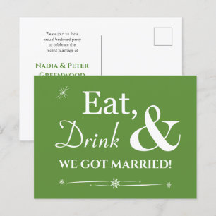 Green Eat Drink We Got Married Retro Elopement Postcard