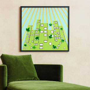 Green Eco City Skyline with Floating Leaves Poster