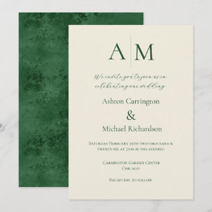 Green Ecru Monogram Modern Wedding Invitation