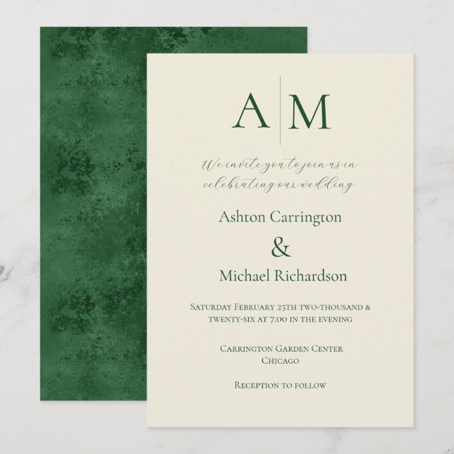 Green Ecru Monogramme Faire-part de mariage modern (Devant / Derrière)