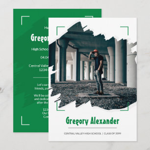 Green Edgy Abstract Brushstroke Photo Graduation Invitation