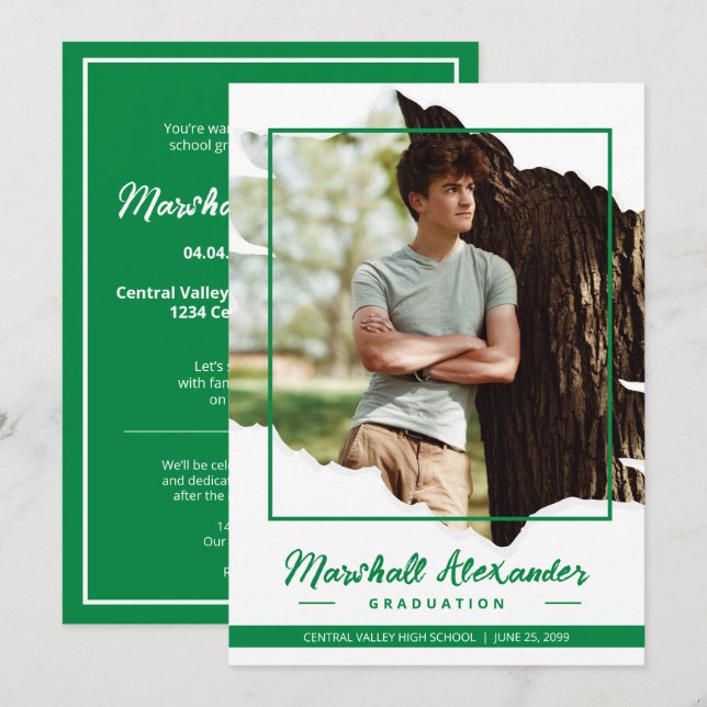 Green Edgy Abstract Torn Photo Graduation Invitation (Front/Back)