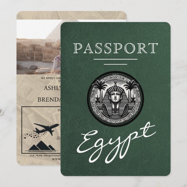 Green Egypt Passport Wedding Invitation (Front/Back)